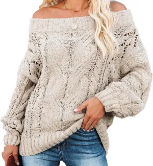 Fall Sweaters Off Shoulder Long Sleeve Crochet Hollow Out Pullover Top Winter Casual Chunky Cable Knit Sweater for Women