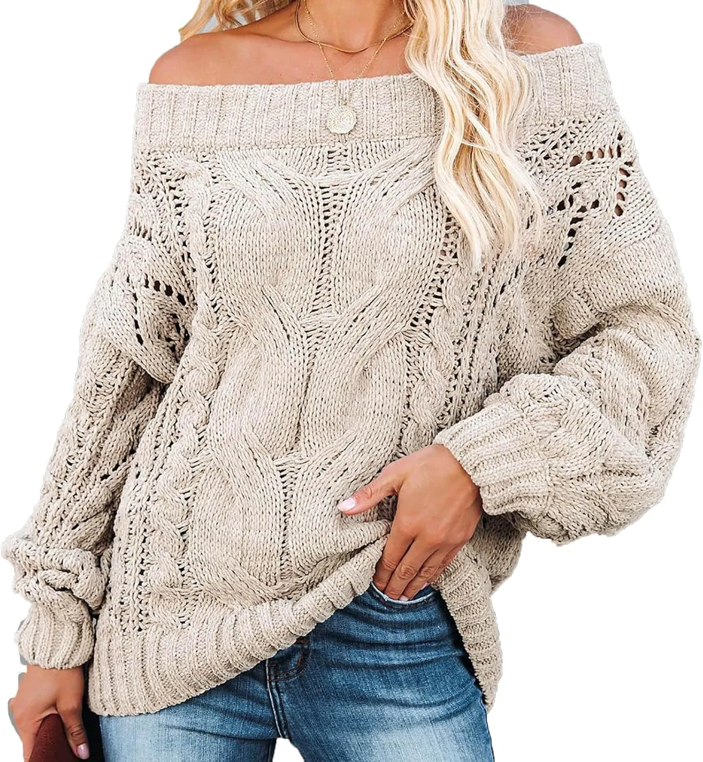 Fall Sweaters Off Shoulder Long Sleeve Crochet Hollow Out Pullover Top Winter Casual Chunky Cable Knit Sweater for Women