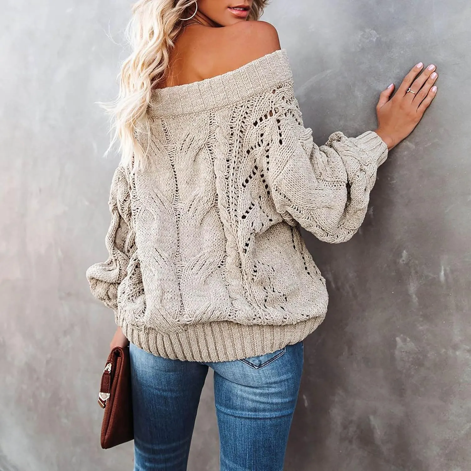 Fall Sweaters Off Shoulder Long Sleeve Crochet Hollow Out Pullover Top Winter Casual Chunky Cable Knit Sweater for Women