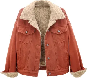 Fleece Denim Jackets for Women Winter Warm Sherpa Lined Jean Coat Tops Casual Long Sleeve Thicken Plush Jacket