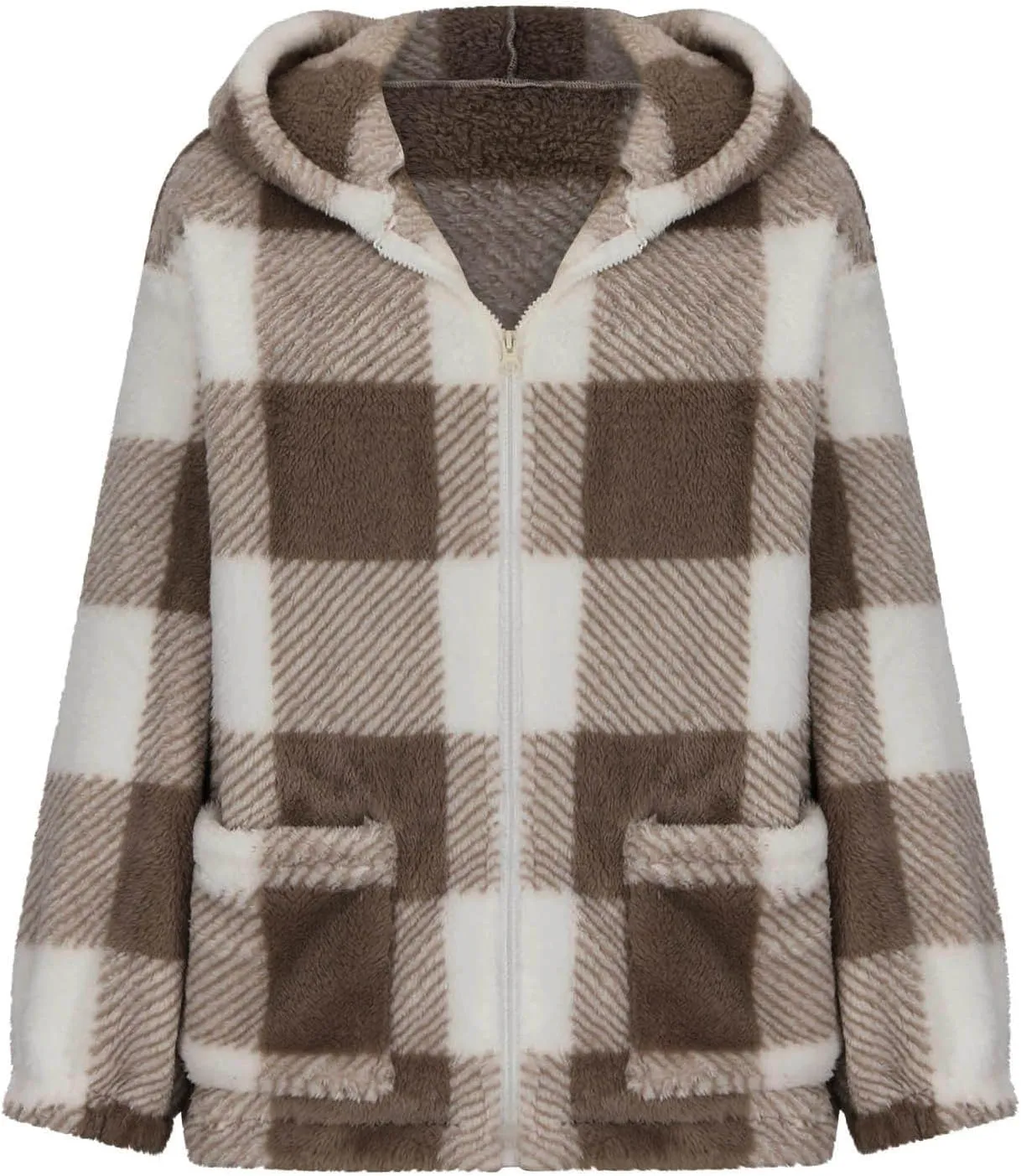 Fleece Hoodies for Men Plaid Color Block Long Sleeve Hooded Jacket Casual Full Zip Up Sweatshirts Winter Sherpa Coat
