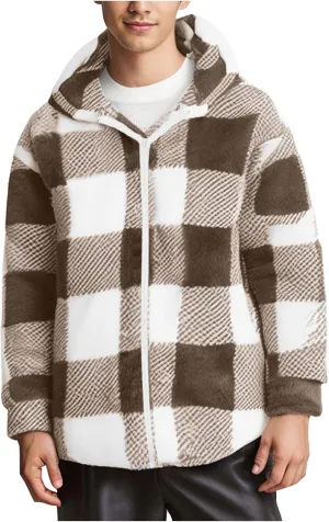 Fleece Hoodies for Men Plaid Color Block Long Sleeve Hooded Jacket Casual Full Zip Up Sweatshirts Winter Sherpa Coat