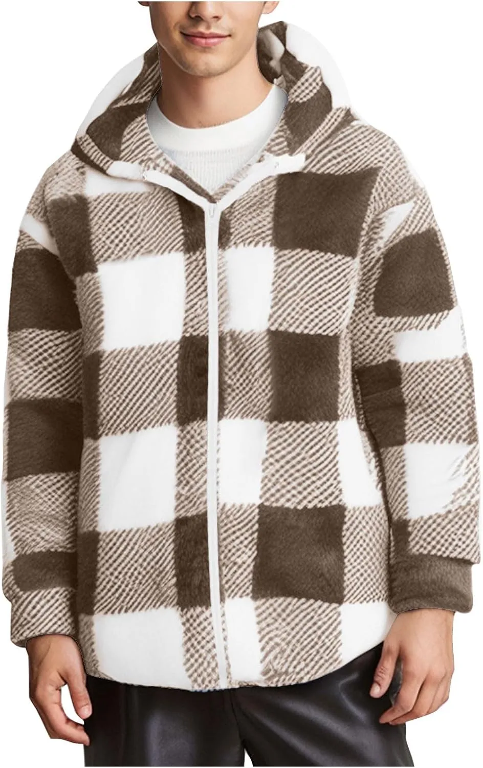 Fleece Hoodies for Men Plaid Color Block Long Sleeve Hooded Jacket Casual Full Zip Up Sweatshirts Winter Sherpa Coat