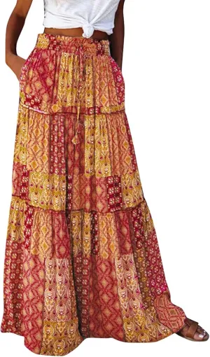 FlekmanArt Skirts for Women Boho Flowy Swing Tiered A-Line Midi Skirt 2025 Trendy Elastic Waist Pleated Long Beach Dress