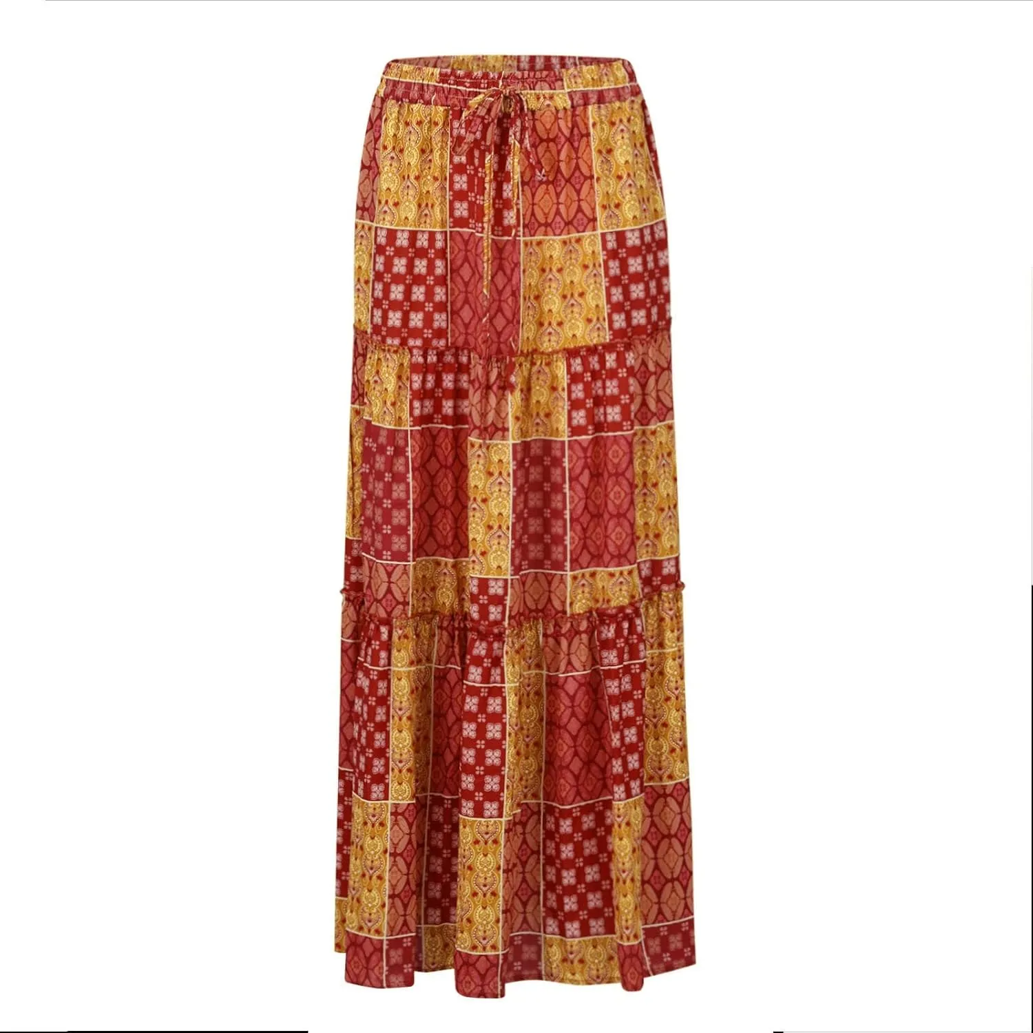FlekmanArt Skirts for Women Boho Flowy Swing Tiered A-Line Midi Skirt 2025 Trendy Elastic Waist Pleated Long Beach Dress