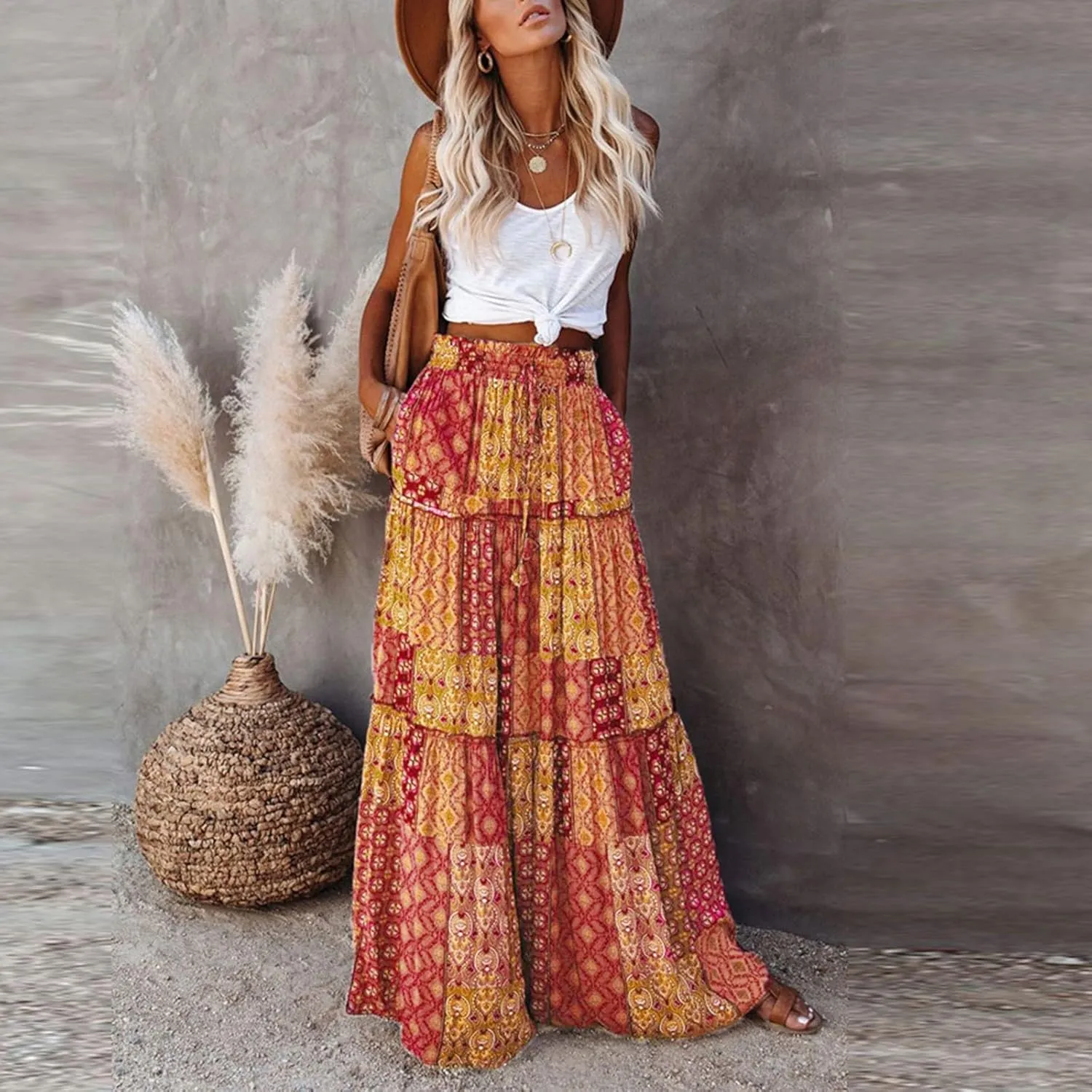 FlekmanArt Skirts for Women Boho Flowy Swing Tiered A-Line Midi Skirt 2025 Trendy Elastic Waist Pleated Long Beach Dress