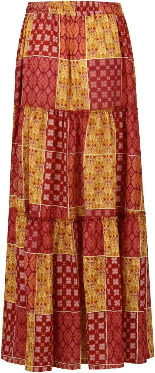 FlekmanArt Skirts for Women Boho Flowy Swing Tiered A-Line Midi Skirt 2025 Trendy Elastic Waist Pleated Long Beach Dress