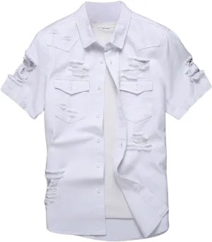 Floerns Men's Causal Ripped Button Front Dual Pocket Short Sleeve Denim Shirt Without Tee