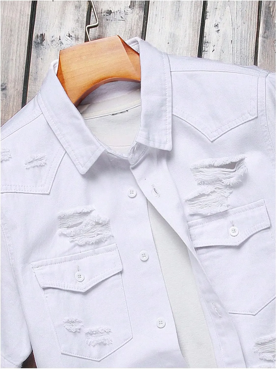 Floerns Men's Causal Ripped Button Front Dual Pocket Short Sleeve Denim Shirt Without Tee