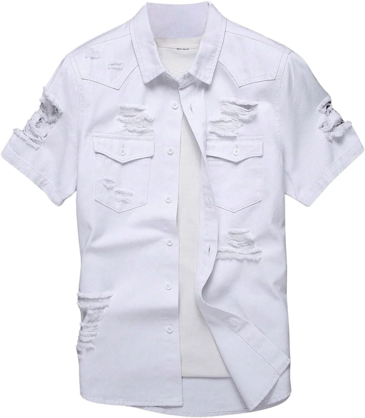 Floerns Men's Causal Ripped Button Front Dual Pocket Short Sleeve Denim Shirt Without Tee