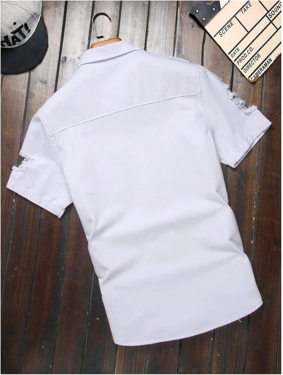 Floerns Men's Causal Ripped Button Front Dual Pocket Short Sleeve Denim Shirt Without Tee