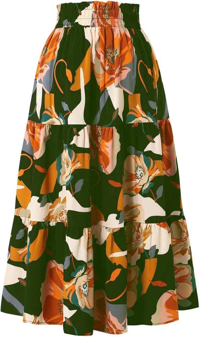 Floral Maxi Skirt for Women Elastic High Waist Pleated Skirts A-line Vacation Long Skirts Casual Party Holiday Skirt