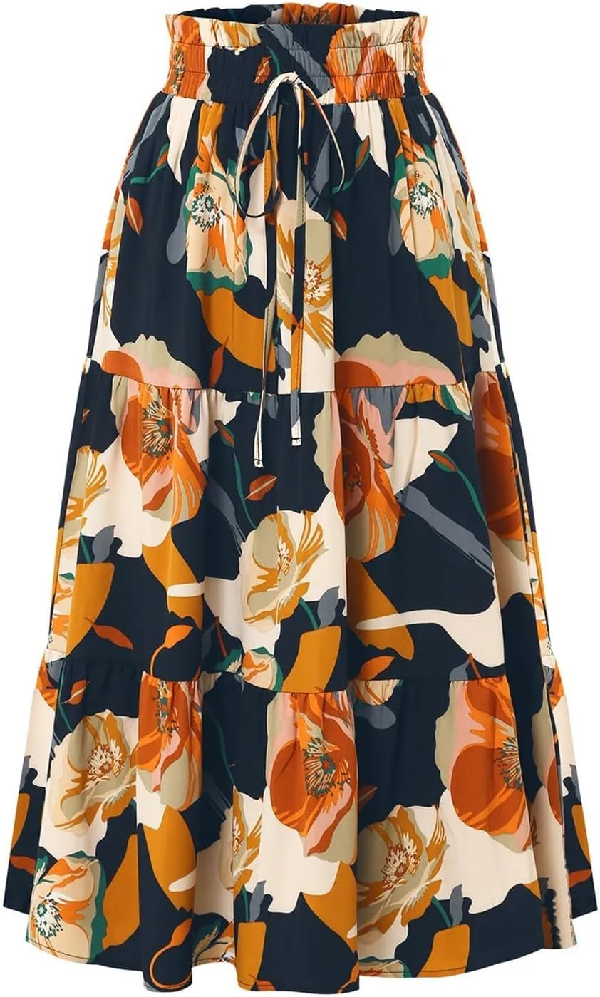 Floral Maxi Skirt for Women Elastic High Waist Pleated Skirts A-line Vacation Long Skirts Casual Party Holiday Skirt