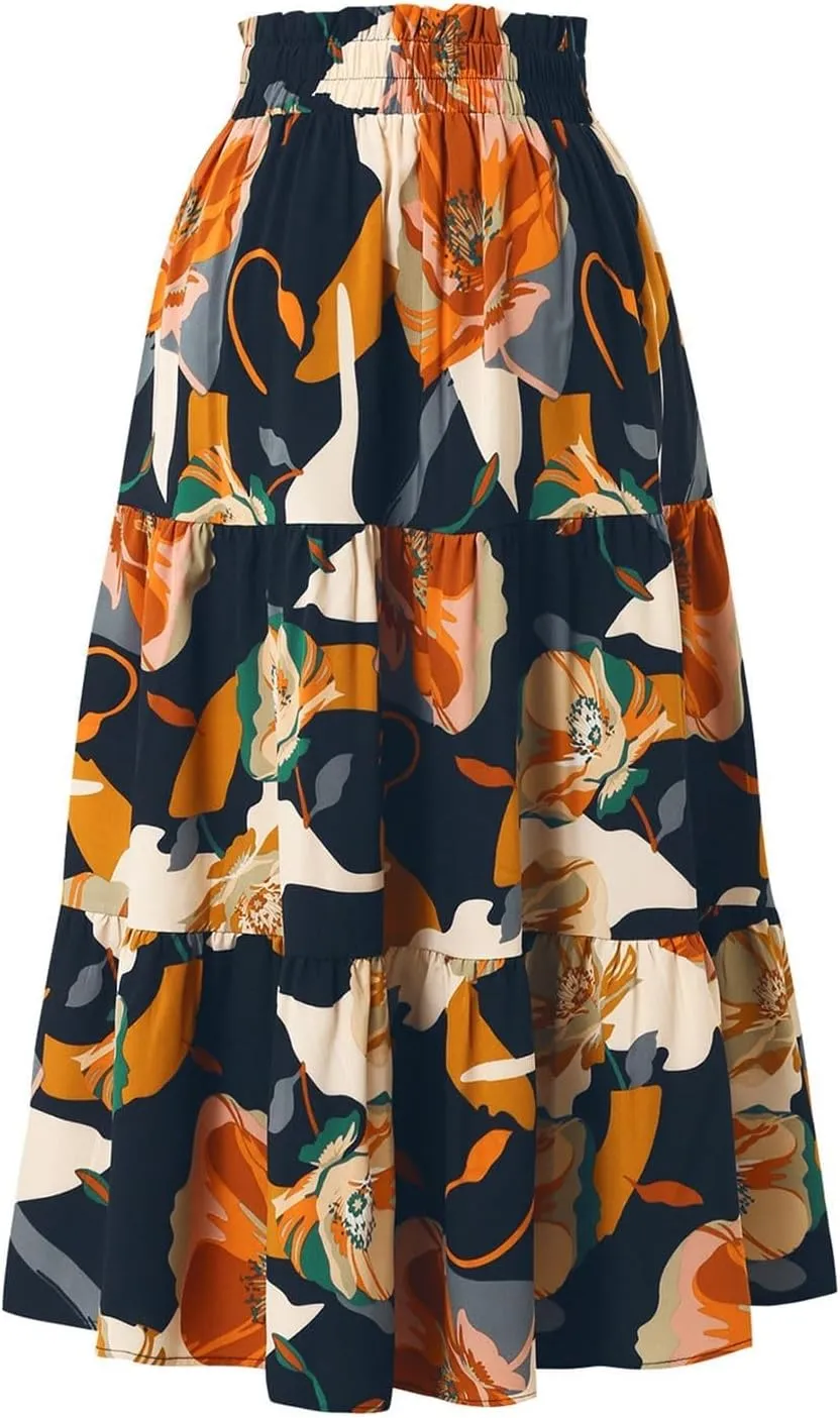 Floral Maxi Skirt for Women Elastic High Waist Pleated Skirts A-line Vacation Long Skirts Casual Party Holiday Skirt