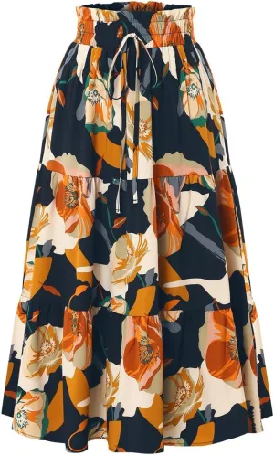 Floral Maxi Skirt for Women Elastic High Waist Pleated Skirts A-line Vacation Long Skirts Casual Party Holiday Skirt