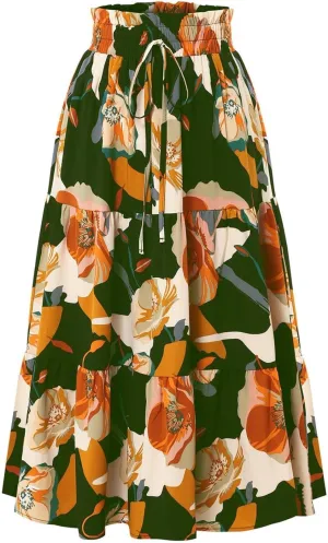 Floral Maxi Skirt for Women Elastic High Waist Pleated Skirts A-line Vacation Long Skirts Casual Party Holiday Skirt