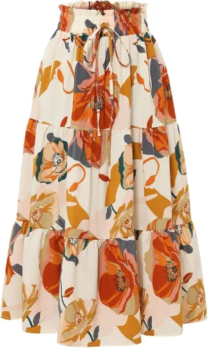 Floral Maxi Skirt for Women Elastic High Waist Pleated Skirts A-line Vacation Long Skirts Casual Party Holiday Skirt