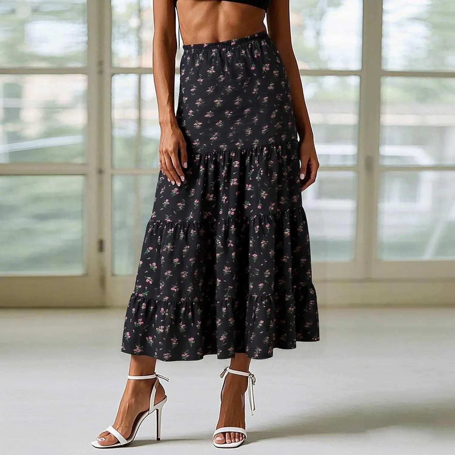 Floral Maxi Skirts for Women Flowy Boho Pleated A-Line Summer Beach Elastic Waist Splicing Swing Long Skirts