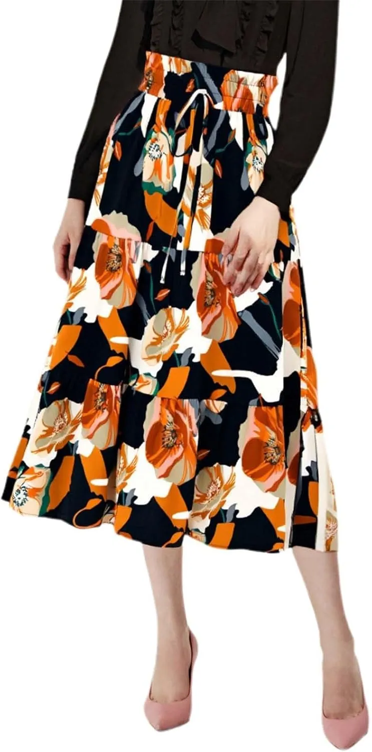 Floral Midi Skirt for Women Summer Boho Flowy Long Skirt Elastic High Waist Vacation A-Line Skirts with Drawstring