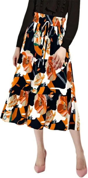Floral Midi Skirt for Women Summer Boho Flowy Long Skirt Elastic High Waist Vacation A-Line Skirts with Drawstring