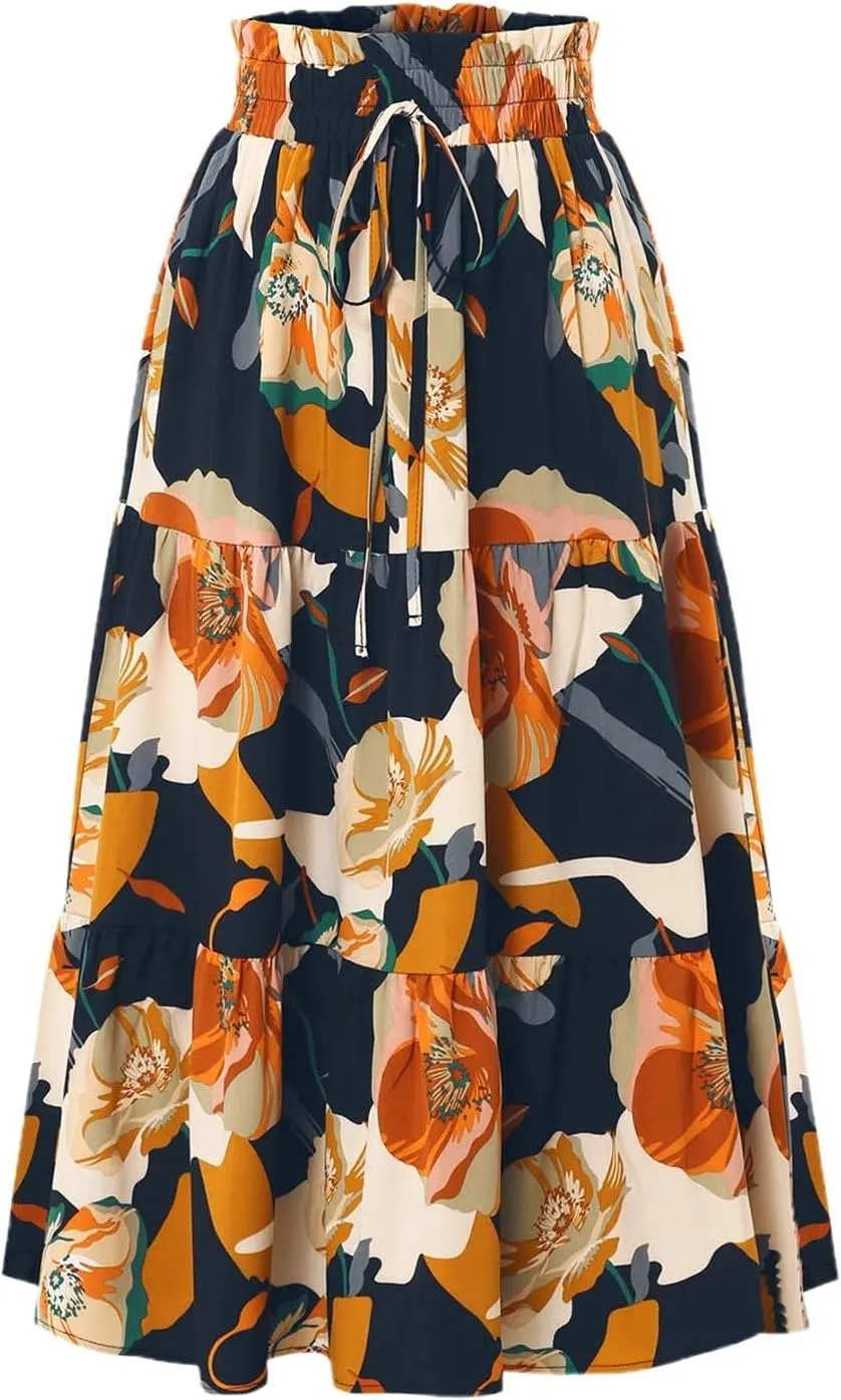 Floral Midi Skirt for Women Summer Boho Flowy Long Skirt Elastic High Waist Vacation A-Line Skirts with Drawstring