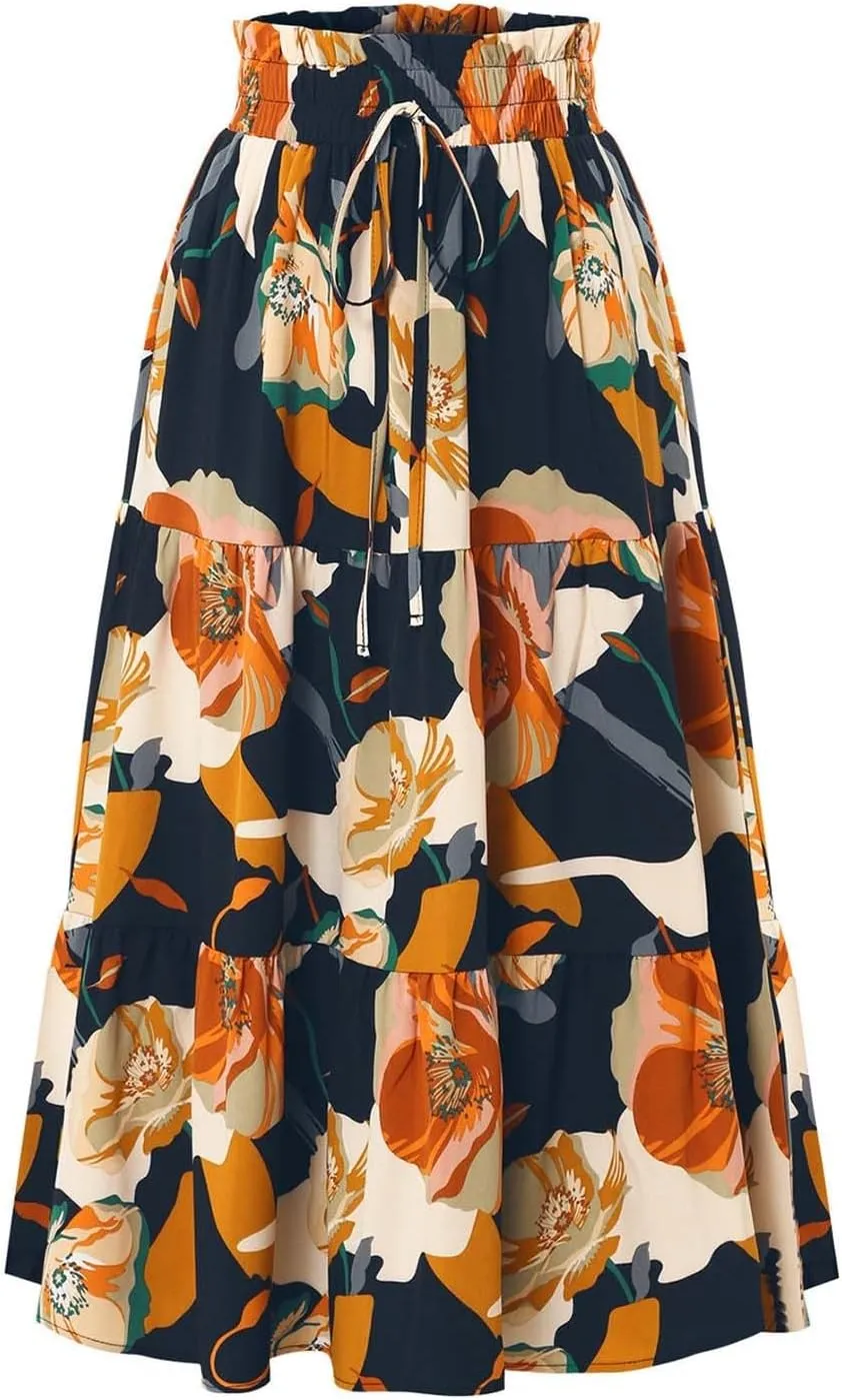 Floral Midi Skirt for Women Summer Boho Flowy Long Skirt Elastic High Waist Vacation A-Line Skirts with Drawstring