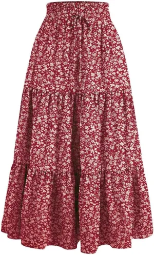 Floral Midi Skirts for Women Summer Casual Flowy Swing Pleated Tiered Long Skirt Drawstring Knee Length A Line Skirt