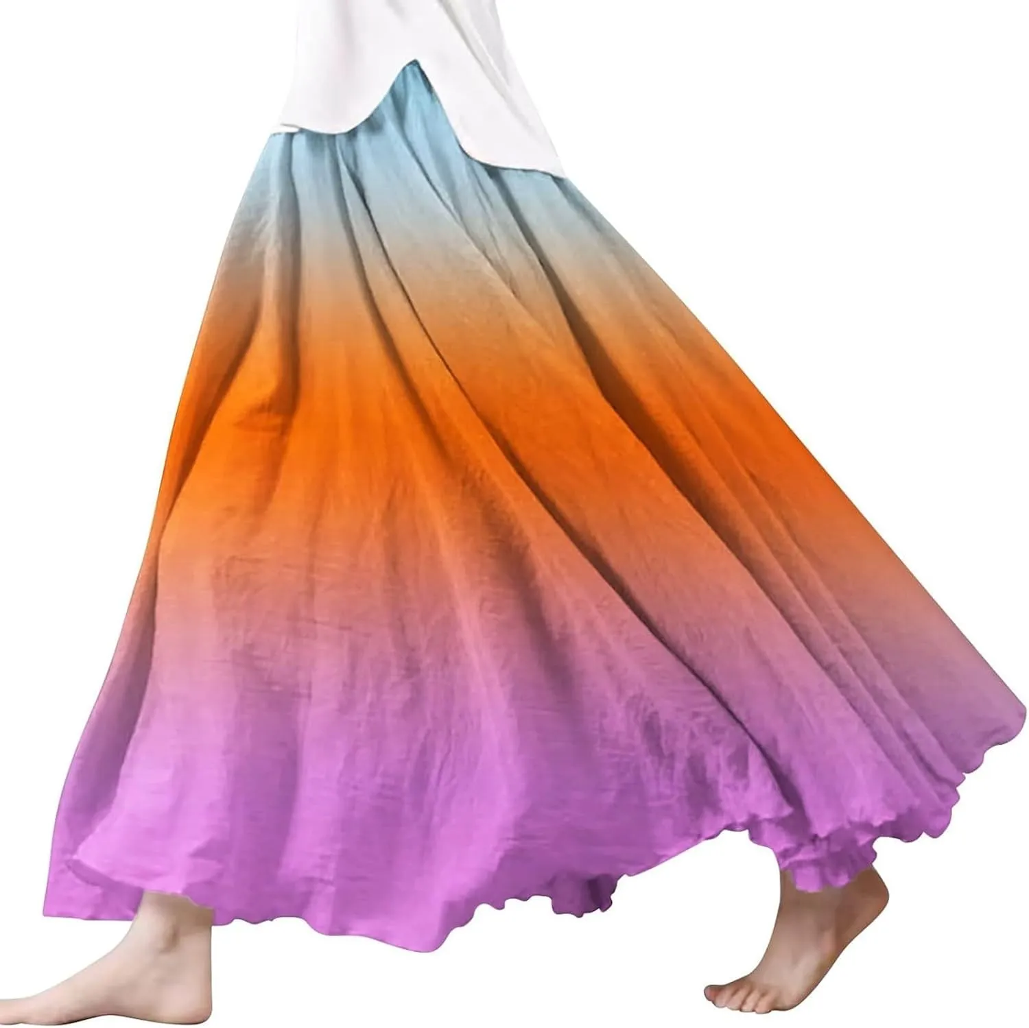 Flowy Maxi Skirts for Women Boho Beach Vacation Gradient Color Elastic Waist Linen A Line Long Skirt Swing Dress