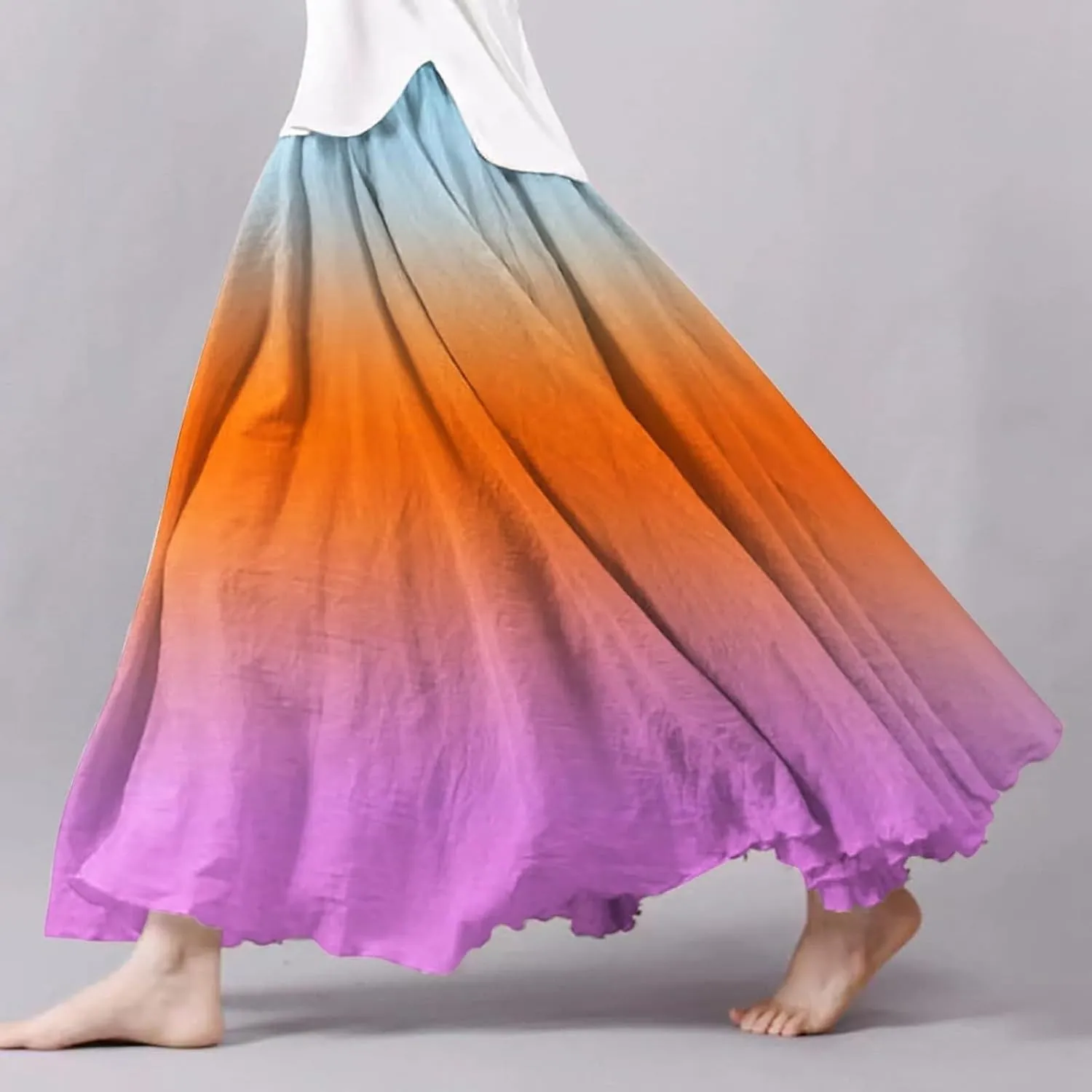 Flowy Maxi Skirts for Women Boho Beach Vacation Gradient Color Elastic Waist Linen A Line Long Skirt Swing Dress