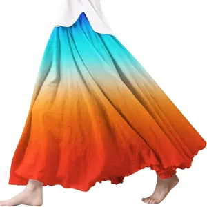 Flowy Maxi Skirts for Women Boho Beach Vacation Gradient Color Elastic Waist Linen A Line Long Skirt Swing Dress