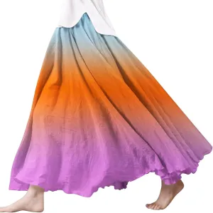 Flowy Maxi Skirts for Women Boho Beach Vacation Gradient Color Elastic Waist Linen A Line Long Skirt Swing Dress