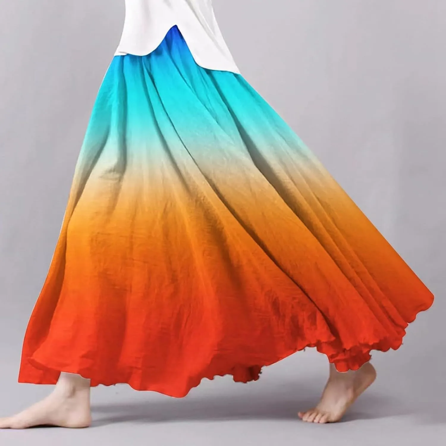 Flowy Maxi Skirts for Women Boho Beach Vacation Gradient Color Elastic Waist Linen A Line Long Skirt Swing Dress