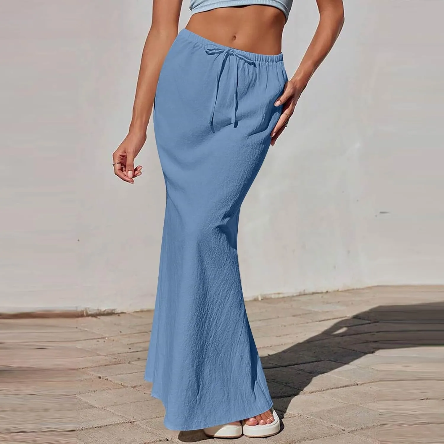 Flowy Maxi Skirts for Women Linen Long Skirt Summer Drawstring High Waisted A Line Skirt Back Slit Elegant Skirts