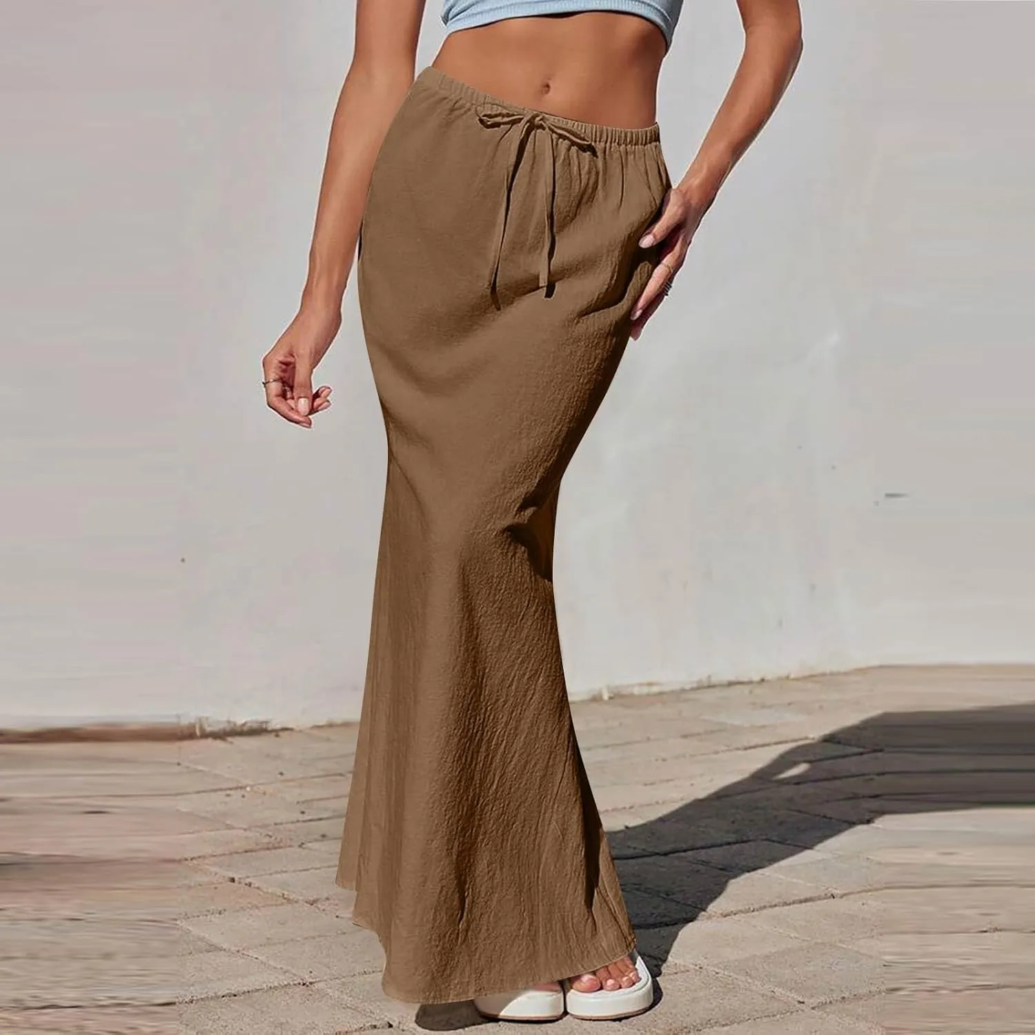 Flowy Maxi Skirts for Women Linen Long Skirt Summer Drawstring High Waisted A Line Skirt Back Slit Elegant Skirts
