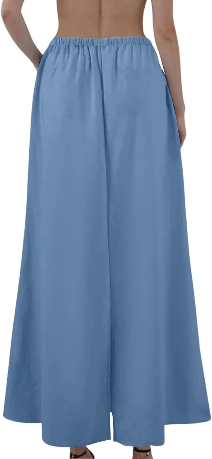 Flowy Maxi Skirts for Women Linen Long Skirt Summer Drawstring High Waisted A Line Skirt Back Slit Elegant Skirts