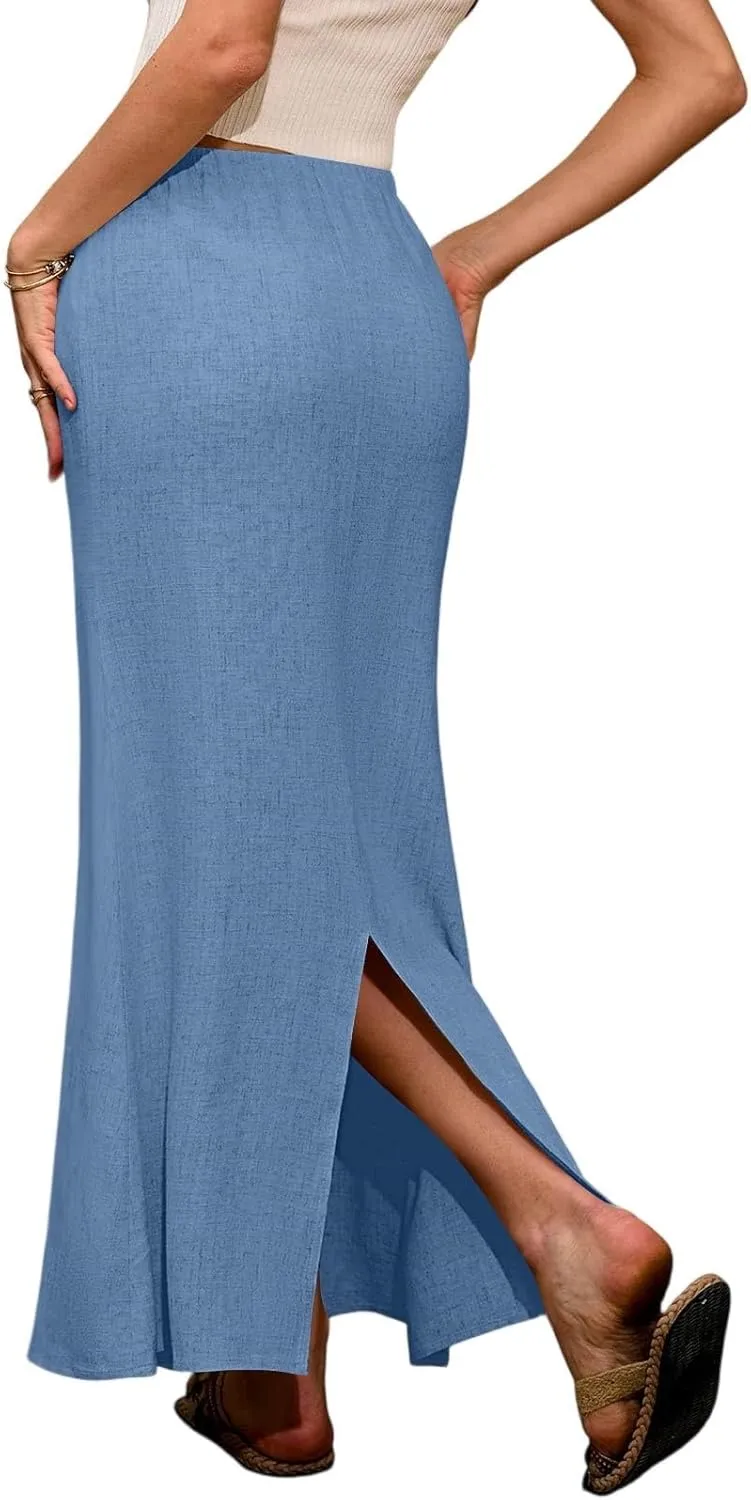 Flowy Maxi Skirts for Women Linen Long Skirt Summer Drawstring High Waisted A Line Skirt Back Slit Elegant Skirts