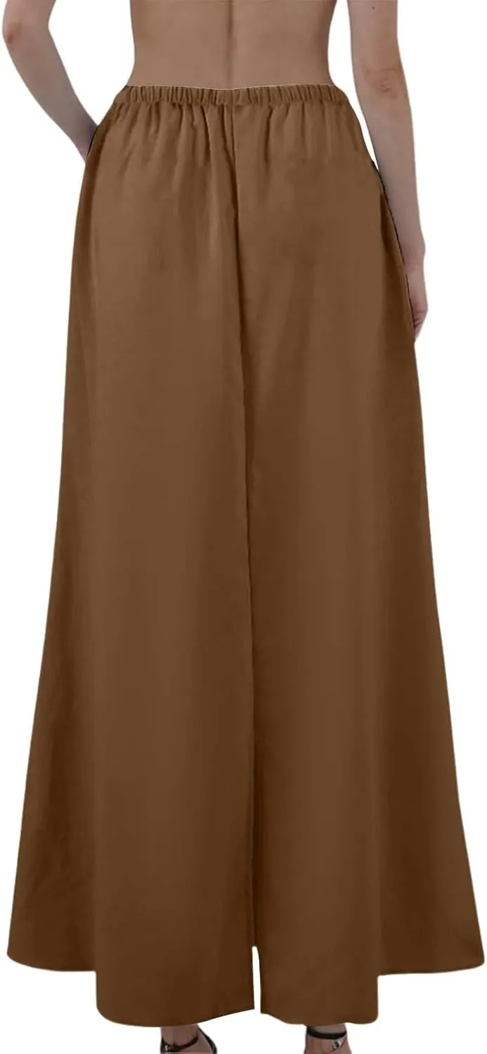 Flowy Maxi Skirts for Women Linen Long Skirt Summer Drawstring High Waisted A Line Skirt Back Slit Elegant Skirts