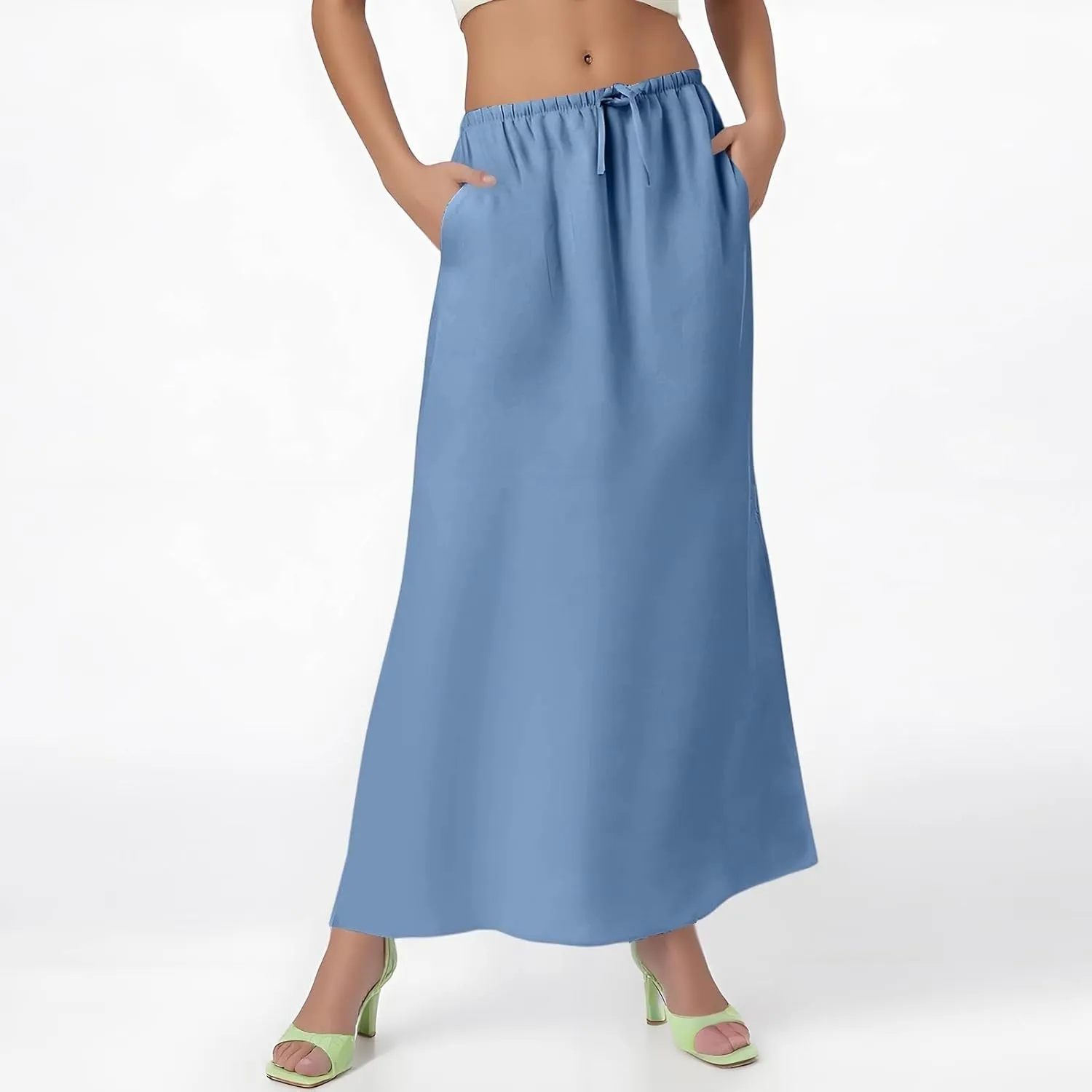 Flowy Maxi Skirts for Women Linen Long Skirt Summer Drawstring High Waisted A Line Skirt Back Slit Elegant Skirts