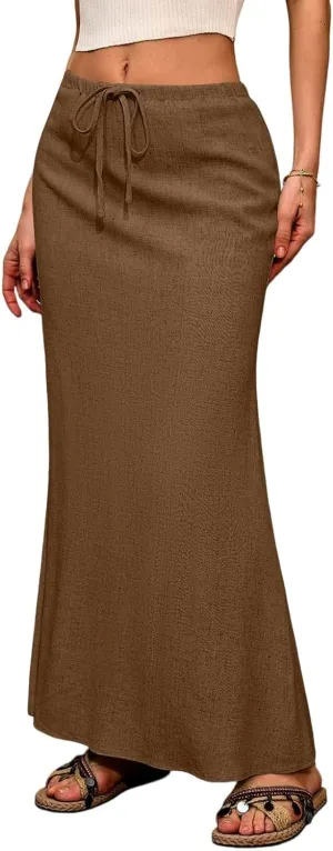 Flowy Maxi Skirts for Women Linen Long Skirt Summer Drawstring High Waisted A Line Skirt Back Slit Elegant Skirts