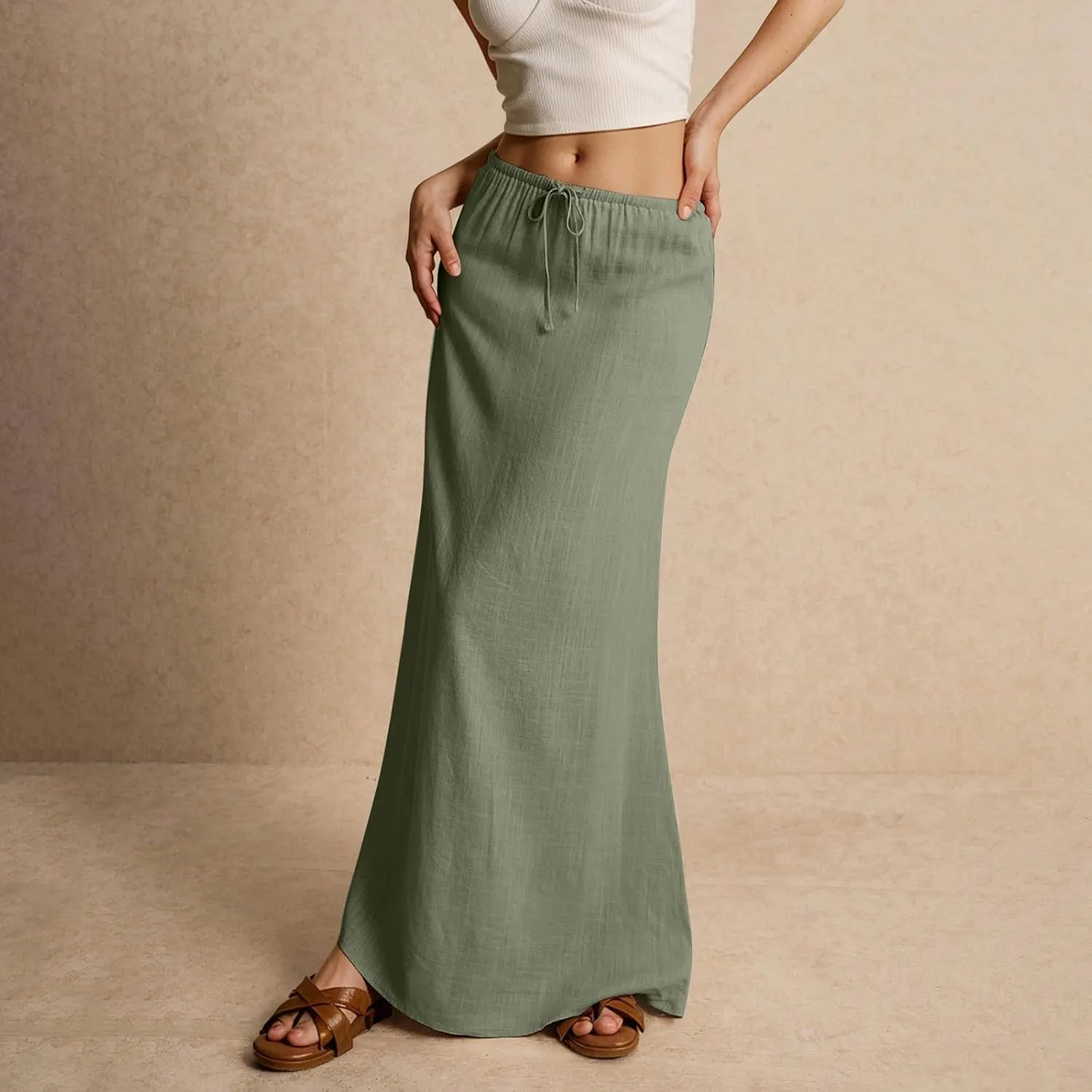 Flowy Skirts for Women Summer Long Skirts Plus Size Womens Linen Maxi Skirt with Slit Comfy Drawstring Low Rise