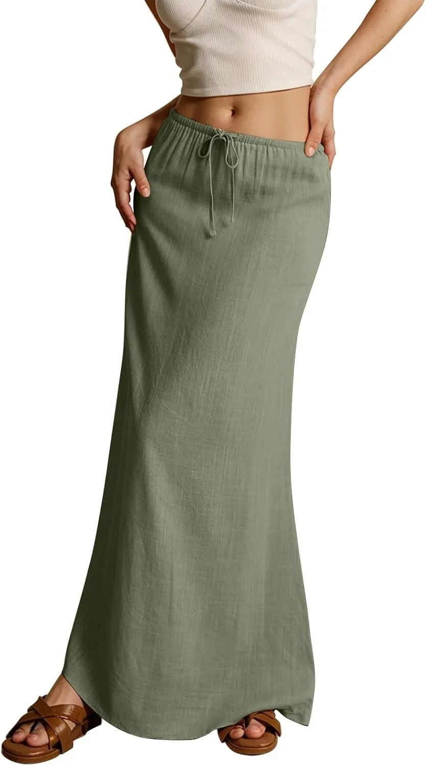 Flowy Skirts for Women Summer Long Skirts Plus Size Womens Linen Maxi Skirt with Slit Comfy Drawstring Low Rise