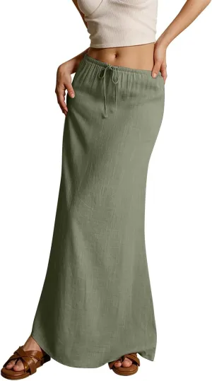 Flowy Skirts for Women Summer Long Skirts Plus Size Womens Linen Maxi Skirt with Slit Comfy Drawstring Low Rise