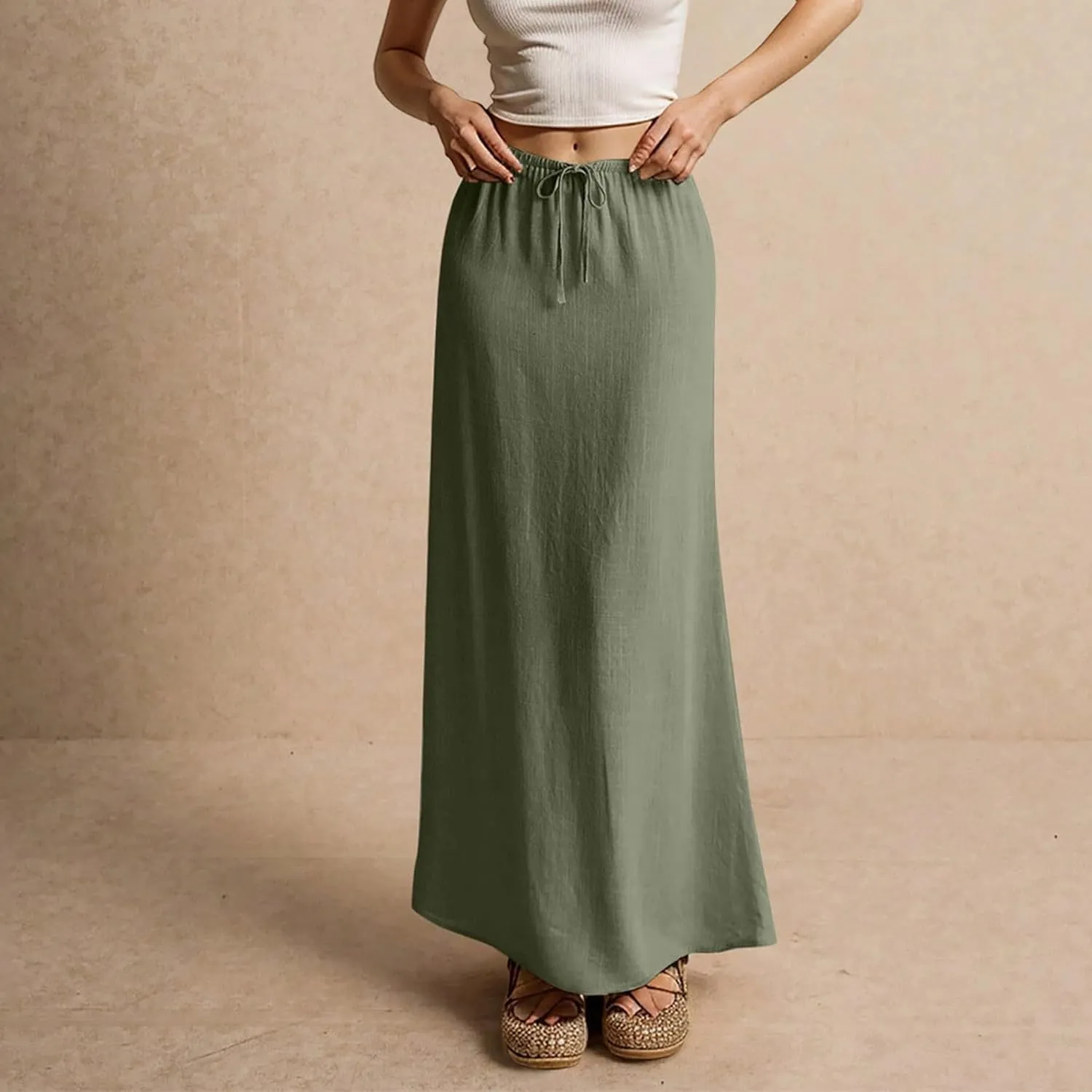 Flowy Skirts for Women Summer Long Skirts Plus Size Womens Linen Maxi Skirt with Slit Comfy Drawstring Low Rise