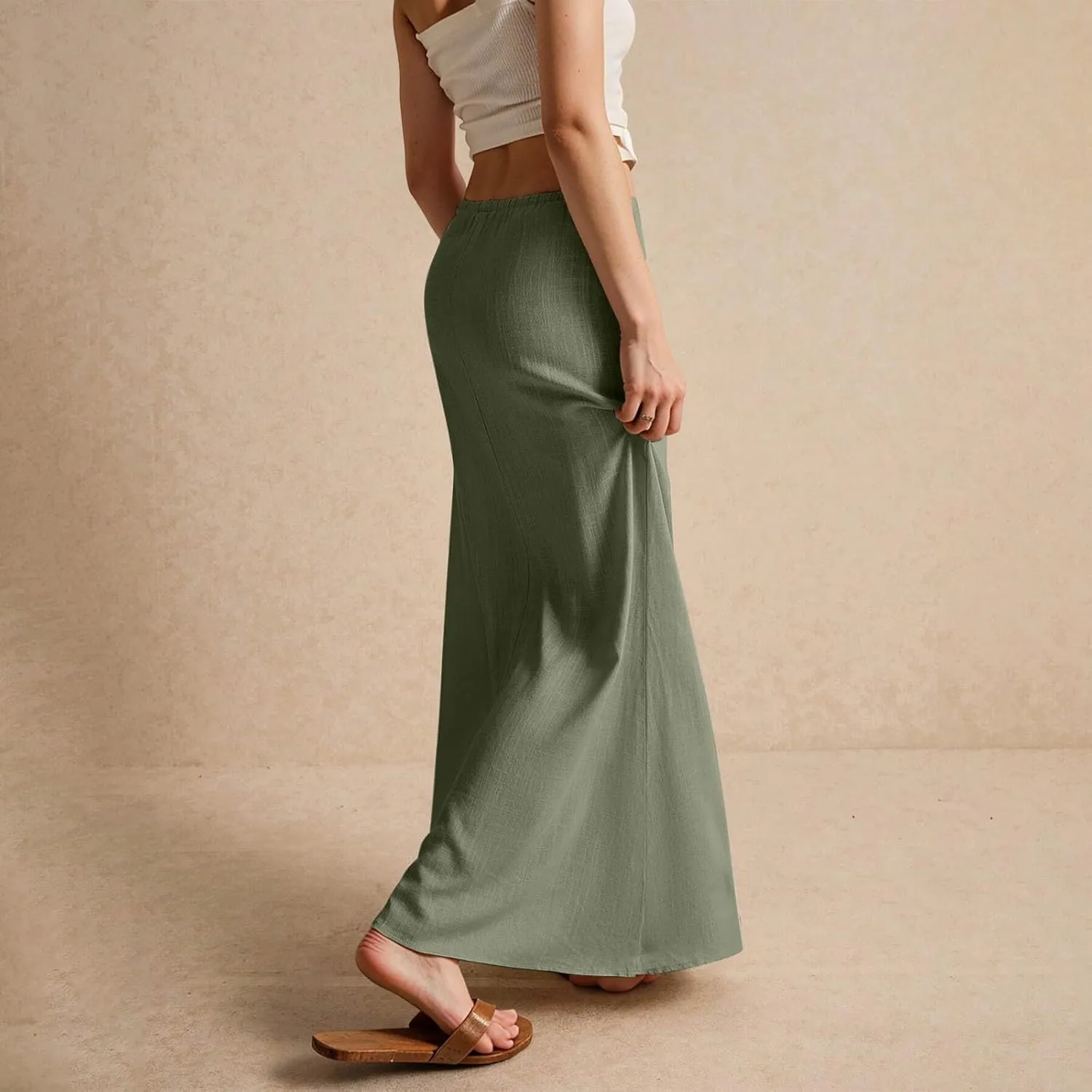 Flowy Skirts for Women Summer Long Skirts Plus Size Womens Linen Maxi Skirt with Slit Comfy Drawstring Low Rise