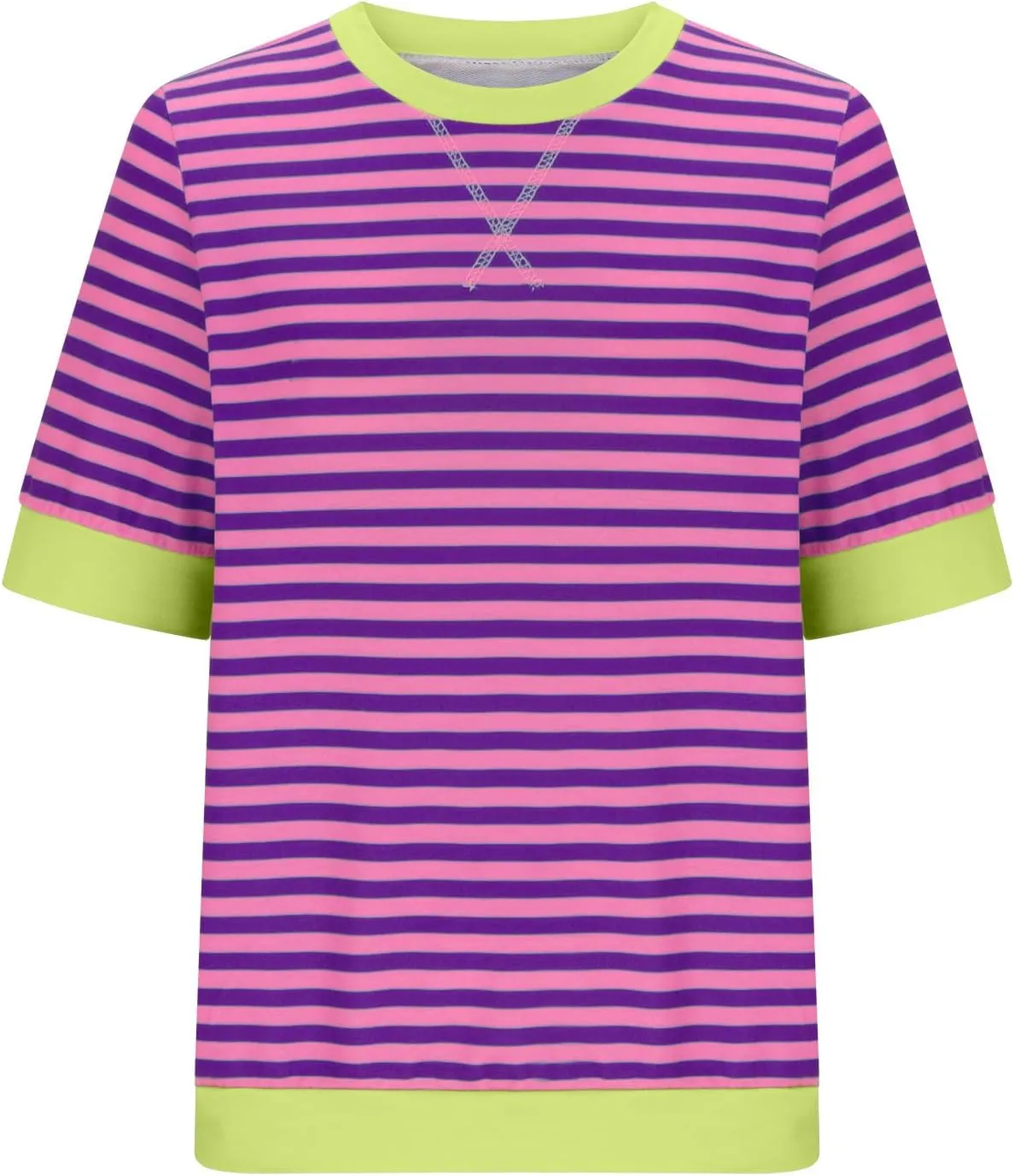 Generic Women Oversized Striped Color Block Short Sleeve Tee Top Crew Neck Basic Pullover Blouse Casual Summer T-Shirt