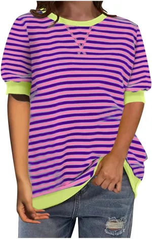 Generic Women Oversized Striped Color Block Short Sleeve Tee Top Crew Neck Basic Pullover Blouse Casual Summer T-Shirt