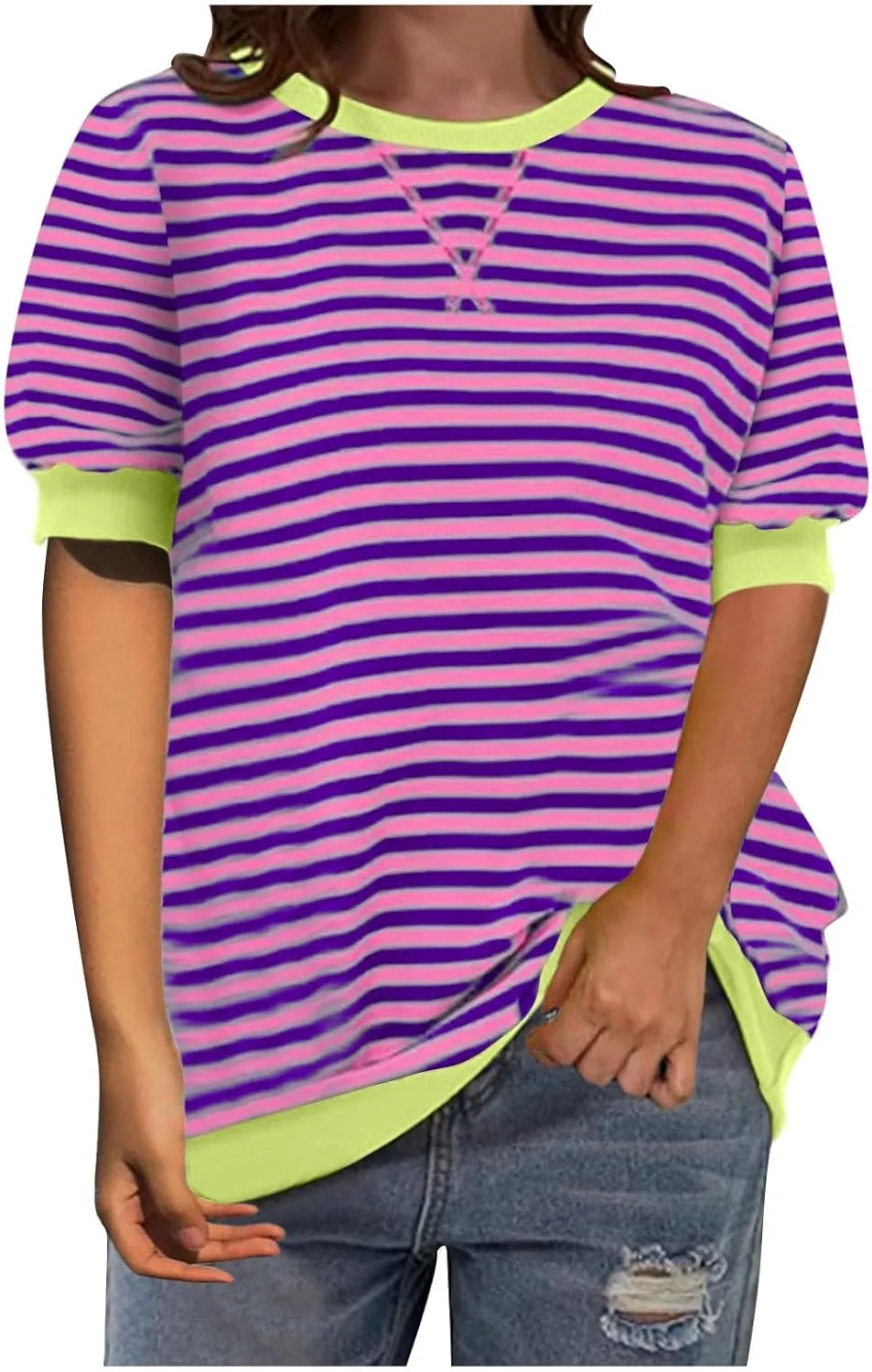 Generic Women Oversized Striped Color Block Short Sleeve Tee Top Crew Neck Basic Pullover Blouse Casual Summer T-Shirt