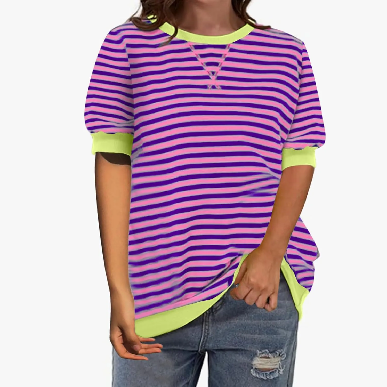 Generic Women Oversized Striped Color Block Short Sleeve Tee Top Crew Neck Basic Pullover Blouse Casual Summer T-Shirt