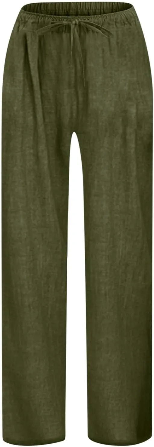Girls Wide Leg Pants Dressy Casual Linen Trousers Flowy Beach Pants Loose Fit Drawstring Pants Summer High Waist Pant
