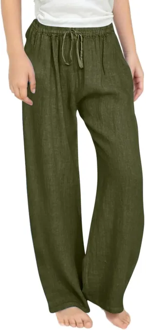 Girls Wide Leg Pants Dressy Casual Linen Trousers Flowy Beach Pants Loose Fit Drawstring Pants Summer High Waist Pant